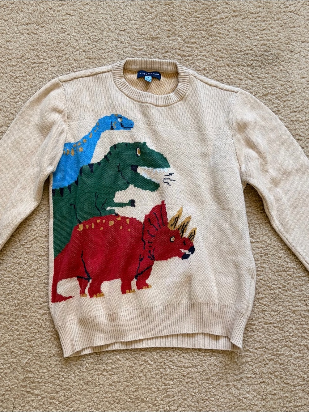 Andy & Evan Cream Crewneck Sweater with Red, Green, and Blue Dinosaur Motif